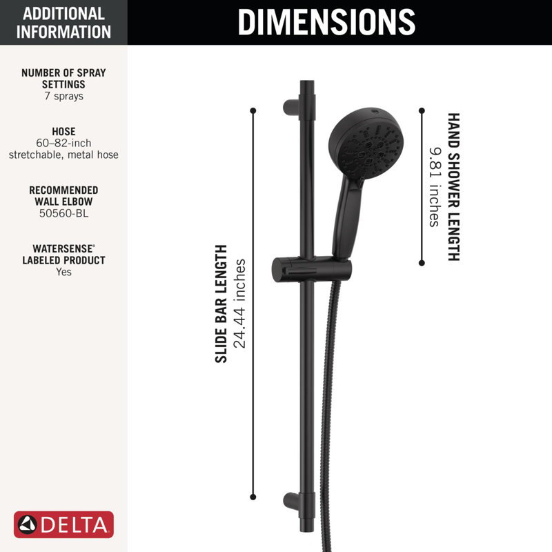 ProClean 7-Spray Hand Shower with Slide Bar, Handheld Shower with High Pressure Spray, Matte Black