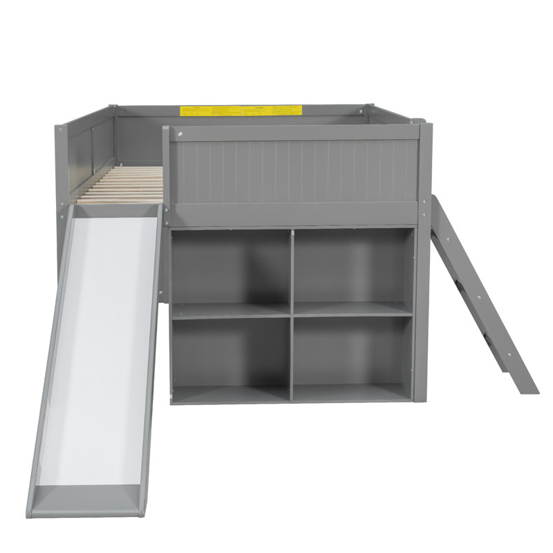 Full Size Wooden Low Loft Bed with Storage Shelves and Slide,Door and Window Design,Gray, Gray