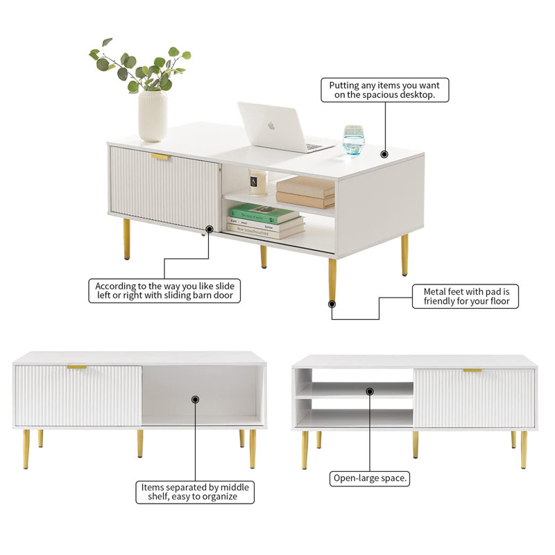 Nabeeha Single Coffee Table, White, Gold