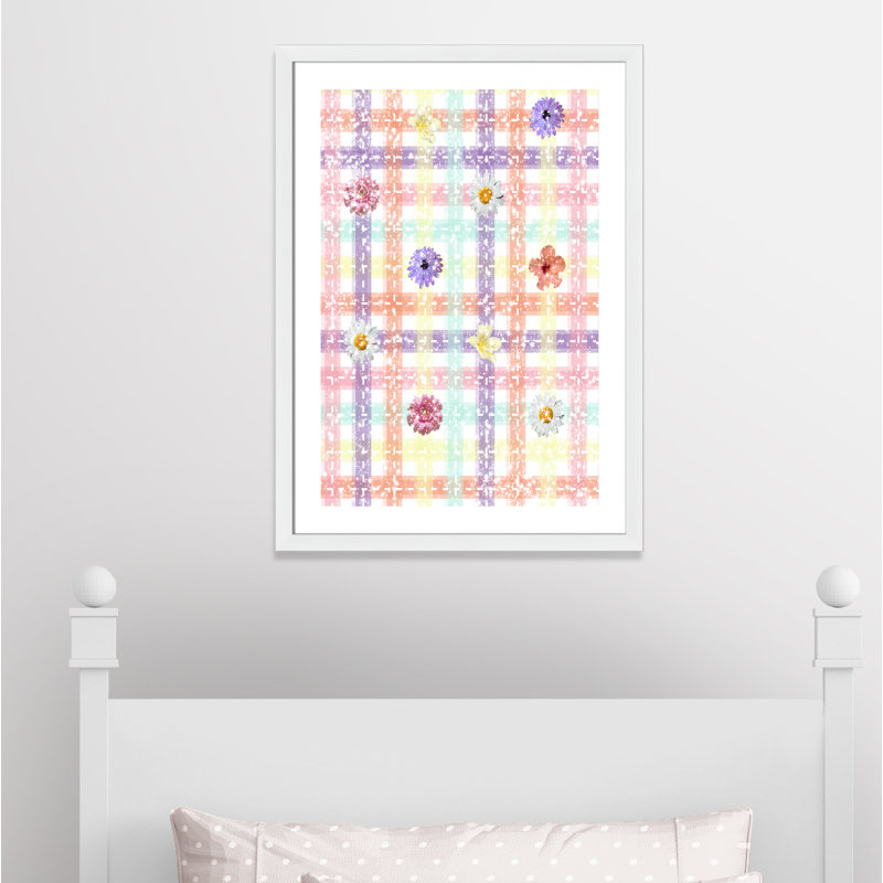 Impression sur papier à carreaux unique avec fleurs, H 36,5 po x l 26,5 po x P 0,625 po, Encadré plat blanc