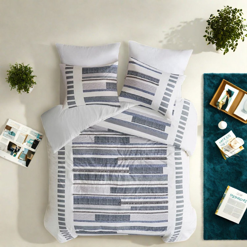 Chic Cotton Bedding Sets, Queen Duvet With Modern Trims For Home