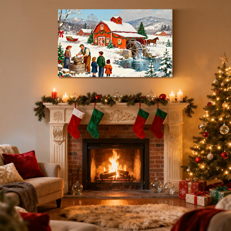 Scène de Noël d'hiver avec moulin rouge et famille, ensemble de 3 impressions sur toile, H 20 po x l 30 po