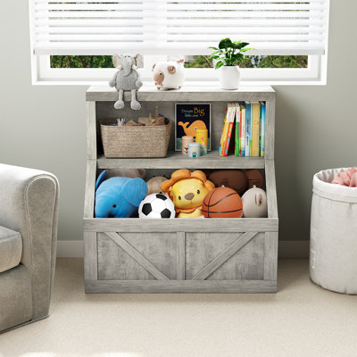 Bibliothèque pour enfants et rangement pour jouets, organisateur de jouets à 2 niveaux avec armoire de rangement, bibliothèque à 2 tablettes pour tout-petits pour salle de jeux, chambre à coucher, salon, salle de classe, gris