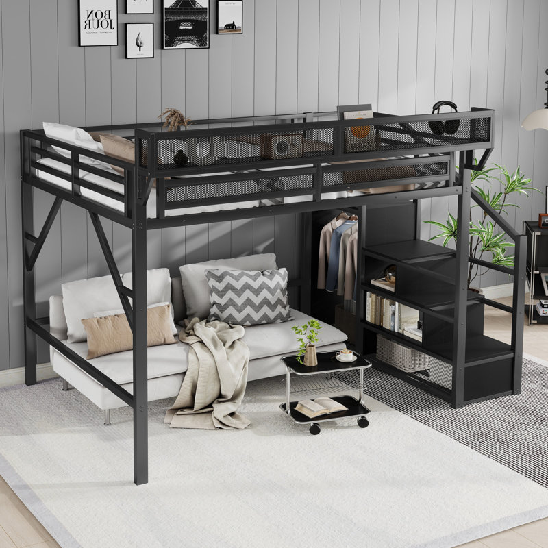 Black Queen Loft Bed with Stairs and Wardrobe, Metal High Loft Storage Frame, Black, Queen