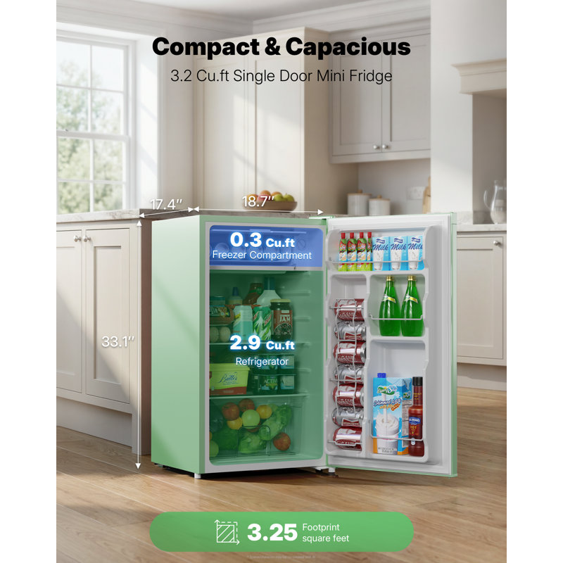 3.2 Cu.Ft Freestanding Mini Fridge with Reversible Door, Small Refrigerator, Green