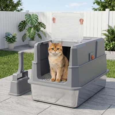 Stainless Steel Cat Litter Box with 180° Flip-Top Lid, Easy Clean XL Enclosed Box, Large Covered Steel Cat Box with Scoop, Odor Control, Anti-Leak, 23.2x15x15 Inch, Dark Gray