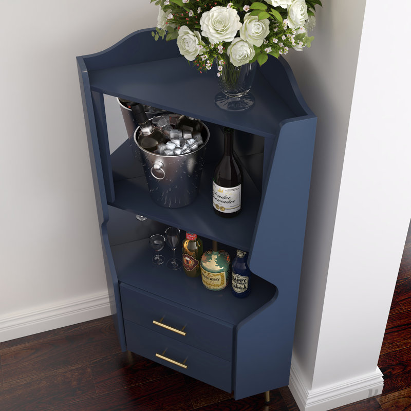 Bar d'angle en bois avec dossier en miroir, Bleu / doré