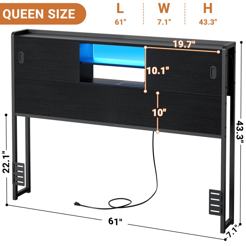 Tête de lit bibliothèque avec porte coulissante, lumière DEL et station de charge, Très grand