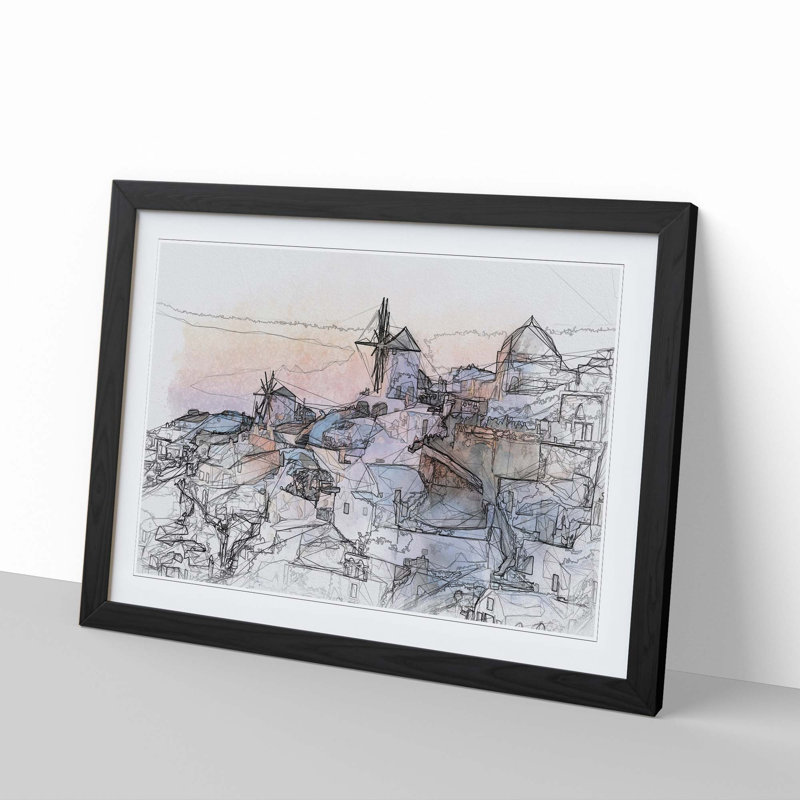 Oia Santorini Skyline in Greece in Abstract - Picture Frame Graphic Art Print, 48cm H x 65cm W x 2cm D, Black Framed