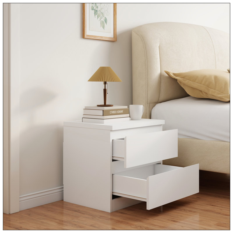 Table de chevet blanche avec 2 tiroirs, plaque supérieure épaisse pour plus de durabilité et de rangement intelligent, Blanc