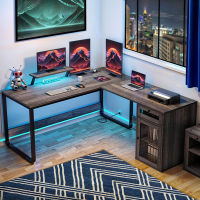 Masanobu L-Shaped Metal Base Computer Desk with Power Outlet