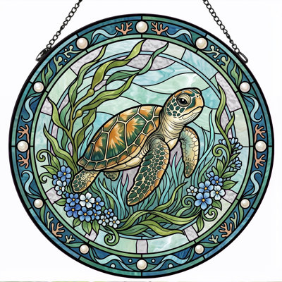 Sea Turtle Stained Glass Window Panel，12"H