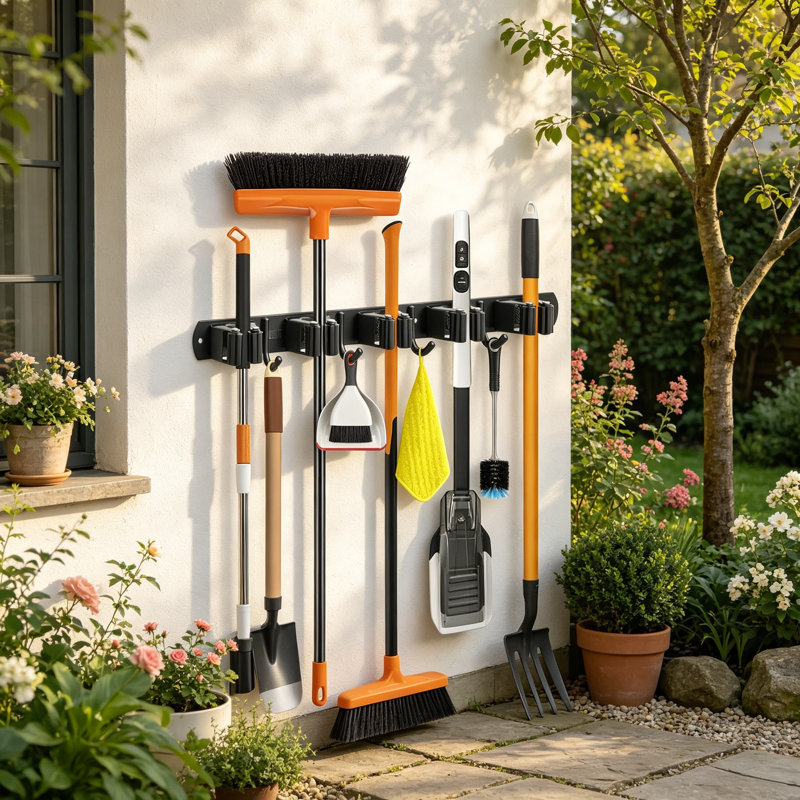 Support mural robuste en acier inoxydable pour porte-balais avec 5 supports et 4 crochets - Rangement pour garage et buanderie auto-adhésif ou à visser pour balais, vadrouilles et outils