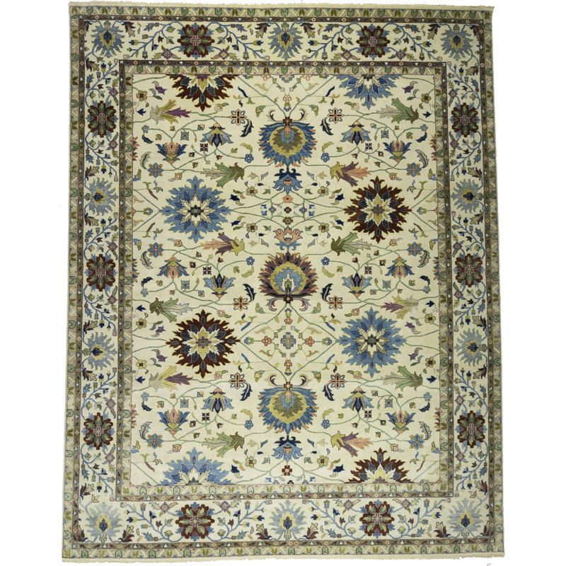 Tapis oriental crème crème à motif floral Osh Chobi 10 x 10 fait à la main Peshawar, Rectangle 12 pi x 15 pi 2 po
