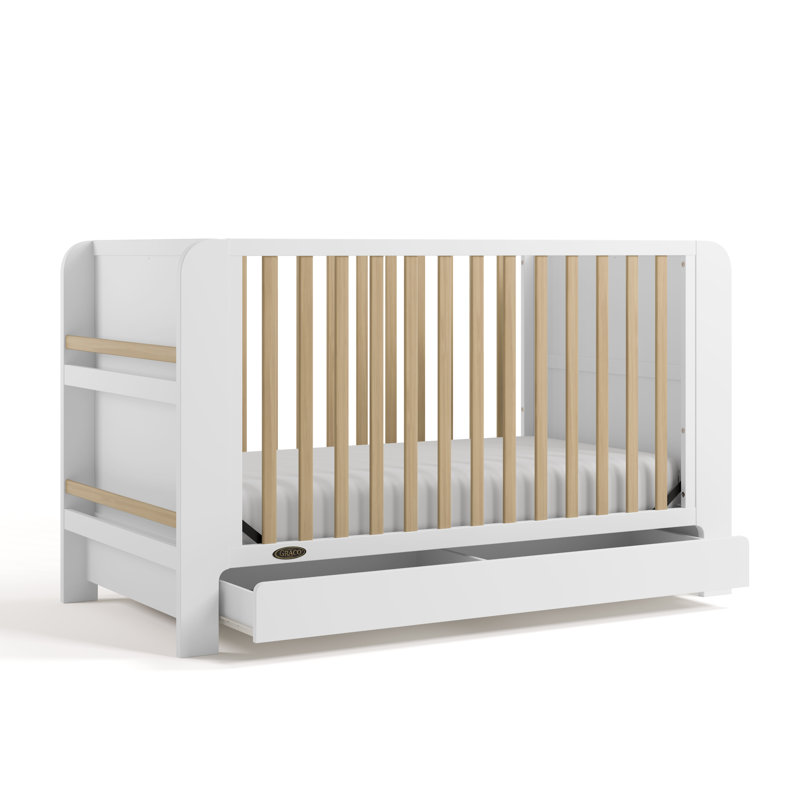 Lit de bébé convertible 4-en-1 avec tiroir Read-With-Me, Blanc / Bois flotté, Lit à barreaux