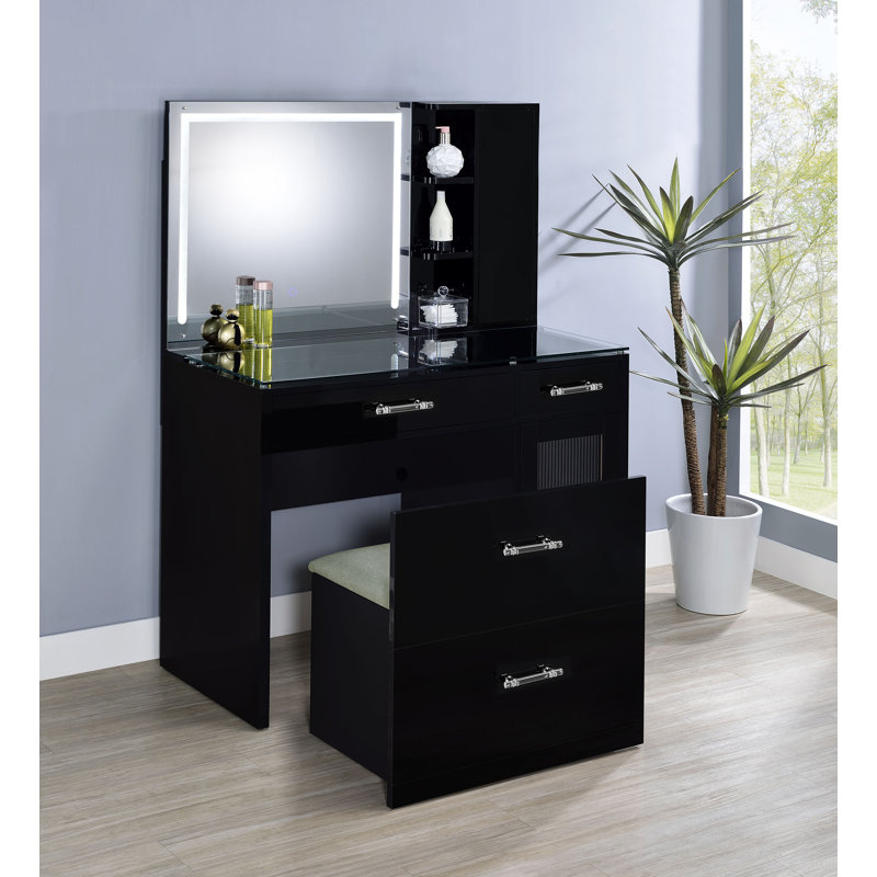 Ensemble de meuble-lavabo 2 tiroirs avec miroir à DEL Jaiyla, Noir, noir, noir, noir
