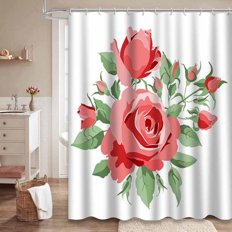 Rideau de douche imperméable à motif floral rouge et blanc avec 12 crochets, L 72 po x l 84 po