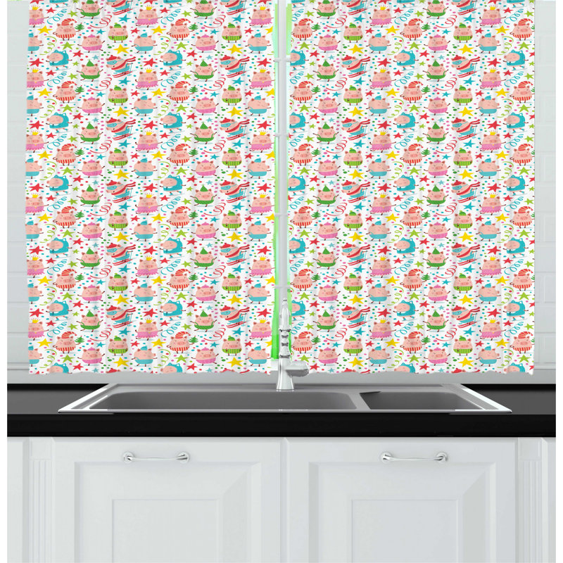 Colorful Piglet and Stars Polyester Kitchen Curtain Set
