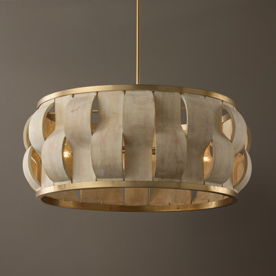 Luminaire suspendu tambour 6 lumières en laiton mat fabriqué à la main l 32 po x H 13,5 po avec panneaux en bois de manguier blanchis sculptés à la main