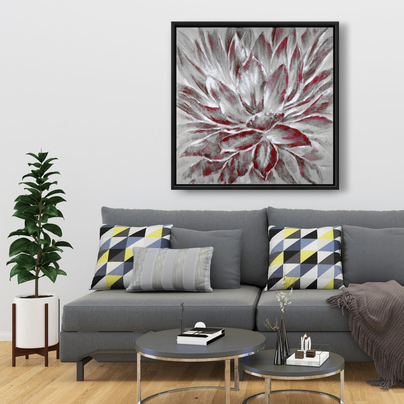 Fleur rouge et grise, reproduction d'art sur toile, Toile encadrée noire, H 36 po x l 36 po