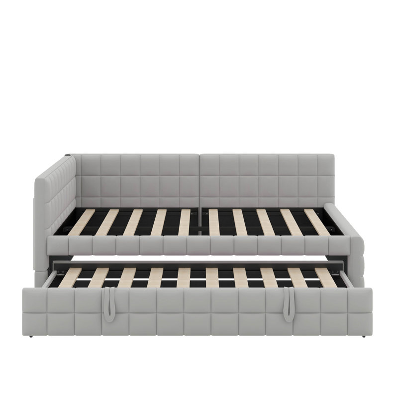 Lit de jour rembourré en L pleine grandeur avec lit gigogne escamotable double et ports USB, Gris