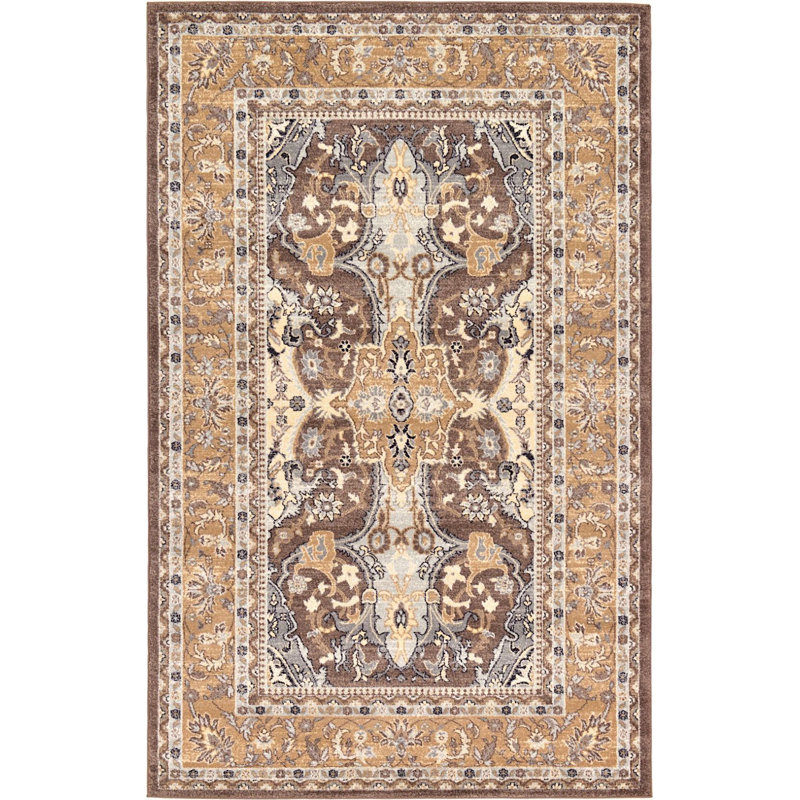 Tapis brun à motif oriental Kasha, Rectangle 5 pi x 8 pi