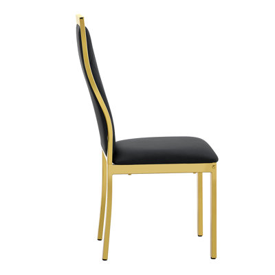 Modern Gold Dining Chairs Set of 2, Black Faux Leather Dining Room Chairs with Gold Metal Frame, High Back Upholstered Side Accent Chairs with Adjustable Foot Pads
