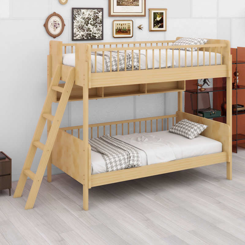 Lit superposé en bois avec tablettes de rangement, Naturel