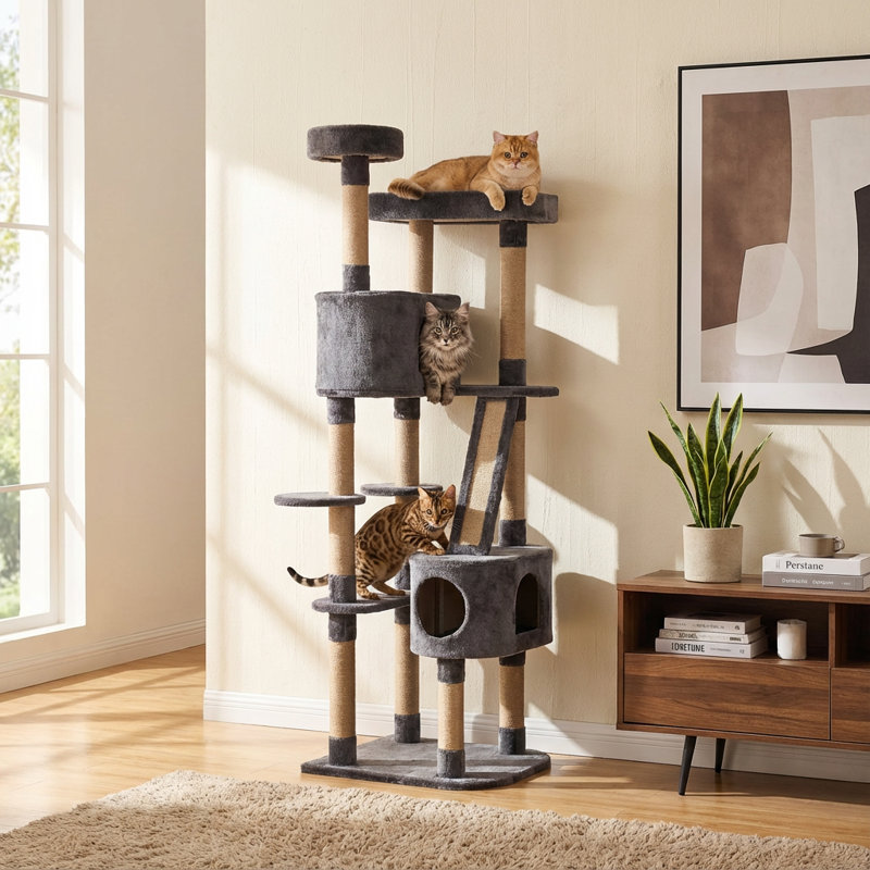 Grand arbre à chat multi-niveaux gris, hauteur de 71 pouces avec poteaux à griffes recouverts de sisal, condo double, plateforme allongée pour que les chats puissent jouer et dormir, perchoirs ronds