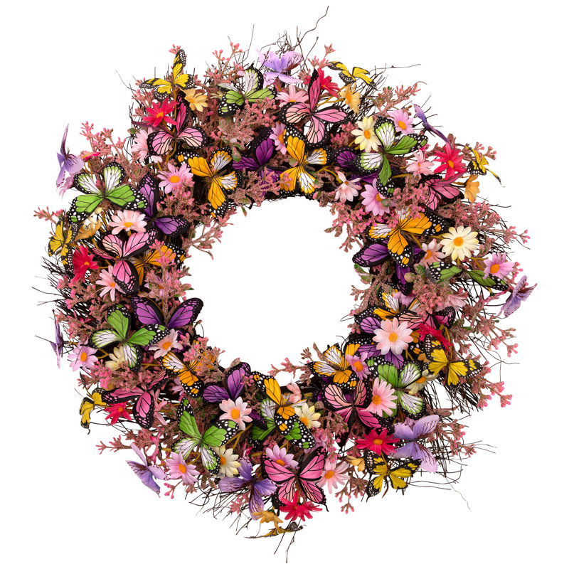 Butterflies And Daisies Floral Spring Wreath - 23.5"