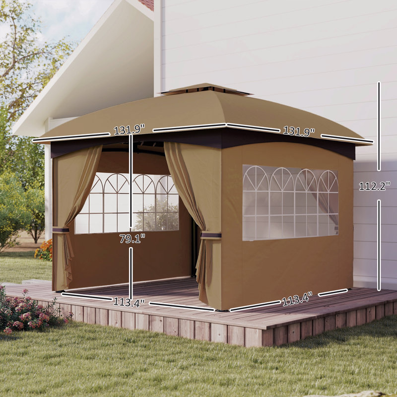 Pavillon de jardin au design élégant, pavillon de patio à double toit avec rideaux, fenêtres d'églises, pour l'extérieur