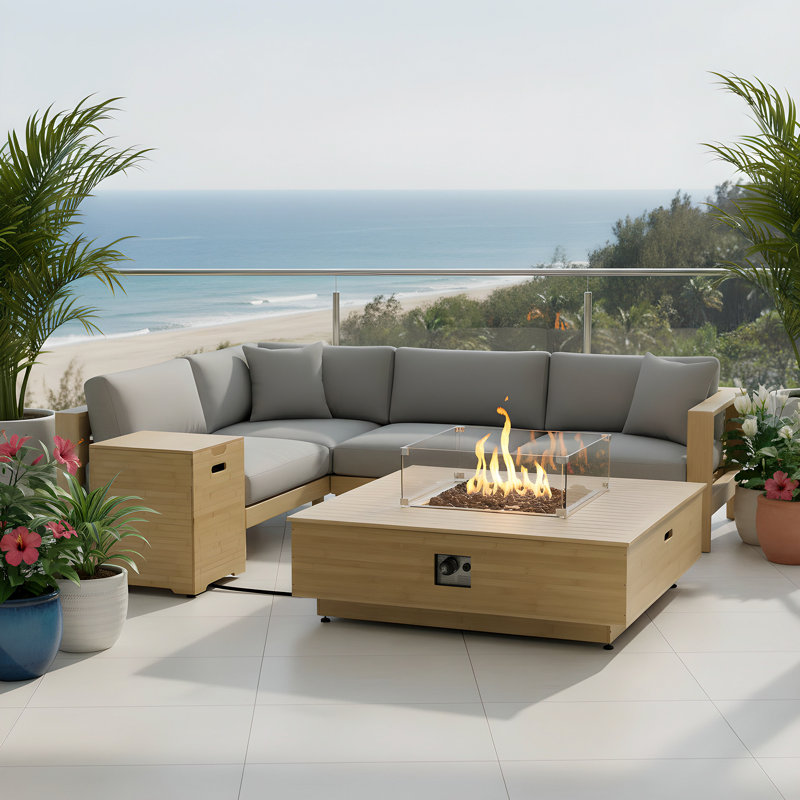 43" Canary Bamboo Outdoor Fire Pit Table with Side Table and Hidden Propane Tank Storage