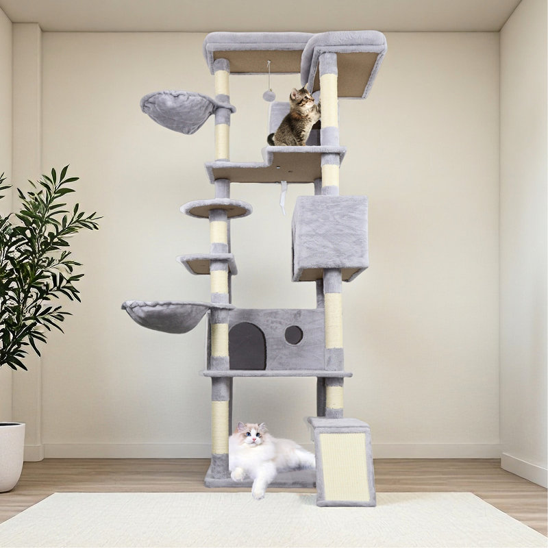 Gris, tour pour chat, poteaux à griffer, condos, plateforme, divertissant, confortable pour les chats Tour pour chat gris avec poteaux à griffer, condos et plateforme