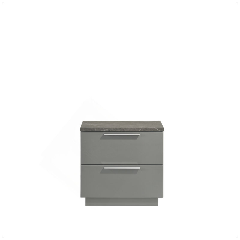 Elara Nightstand ??Two-Tone High-Gloss Marble & Lacquer Finish With Red Velvet-Lined Drawers And Metal-Finished Legs- Gray