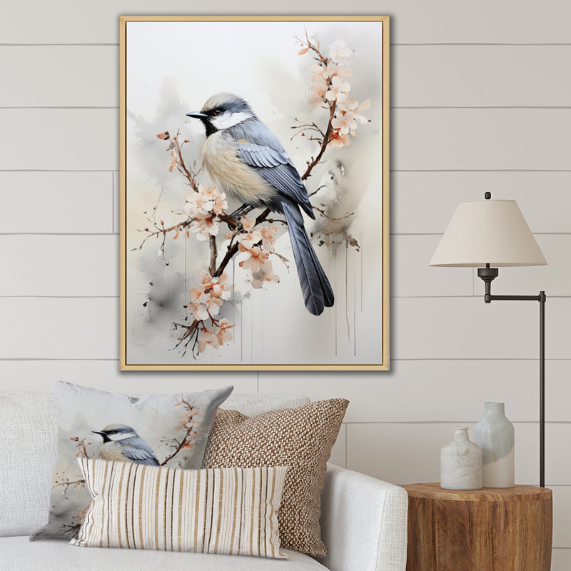 «Hosna Asian Art Bird Sumi II», reproduction sur toile, H 40 po x l 30 po x P 1,5 po, Cadre flottant naturel