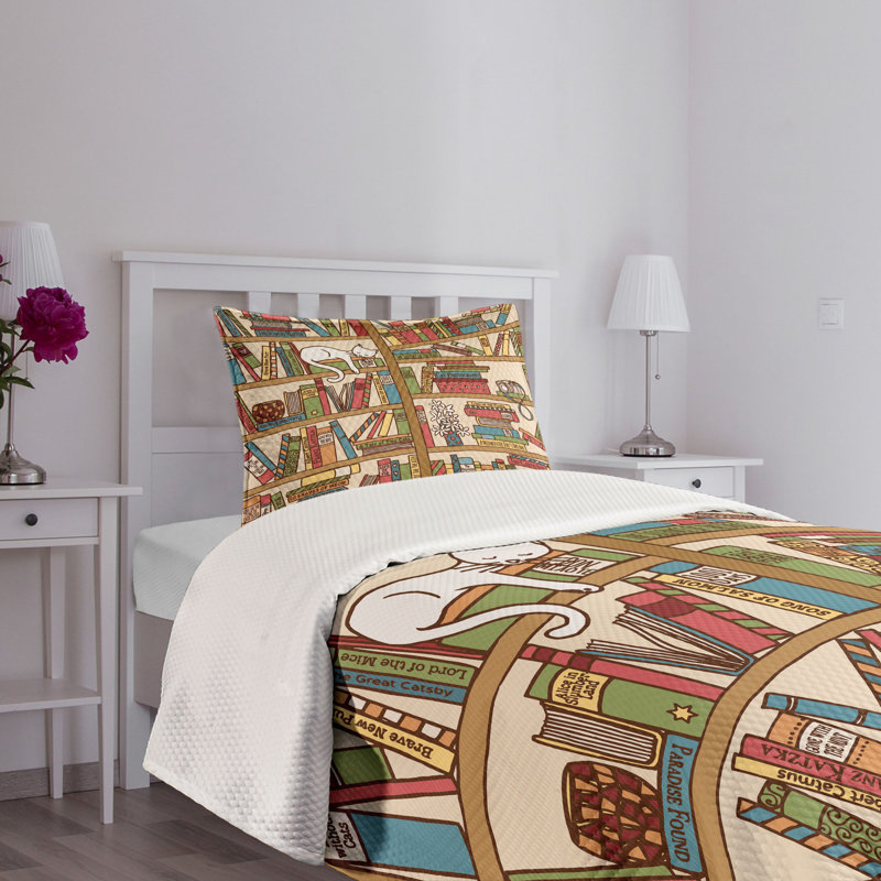 Colorful Cartoon Book Print Twin Bedspread Set