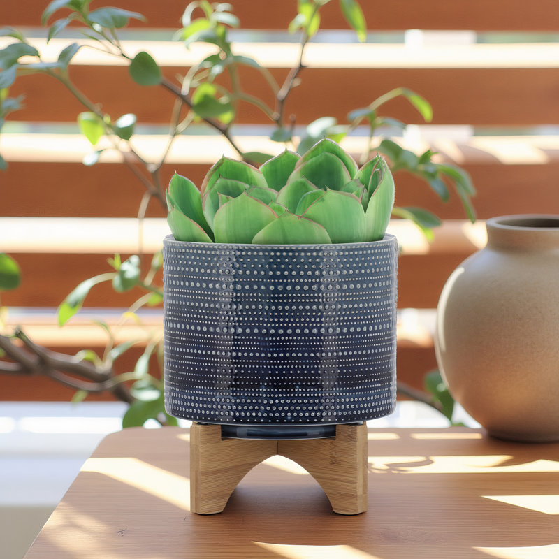 Jardinière en grès avec support en bambou Clingmans - Design moderne et élégant, matériaux de haute qualité, Bleu