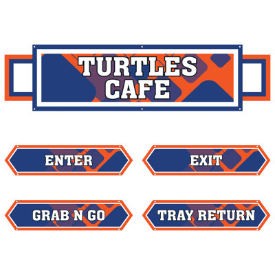 AmTab - Serving-Décor-S03-S-EC - Serving Area Signage (5 pieces) - Style 3 - Turtles
Café Sign: 24"W x 72"L
Enter Sign:  8.5"W x 36"L
Exit Sign:  8.5"W x 36"L
Grab N Go Sign:  8.5"W x 36"L
Tray Return Sign:  8.5"W x 36"L