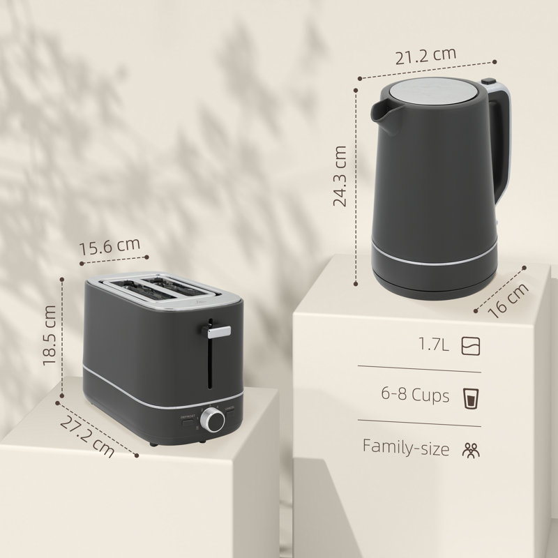 HOMCOM 1.7L 3000W Fast Boil Electric Kettle and 2 Slice Toaster Set, Grey