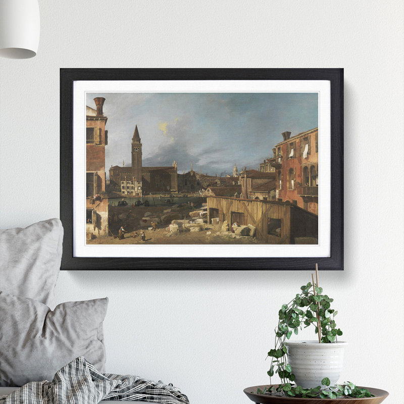 The Stonemasons Yard by Giovanni Canaletto - Picture Frame Painting, 36cm H x 48cm W x 2cm D, Black Framed