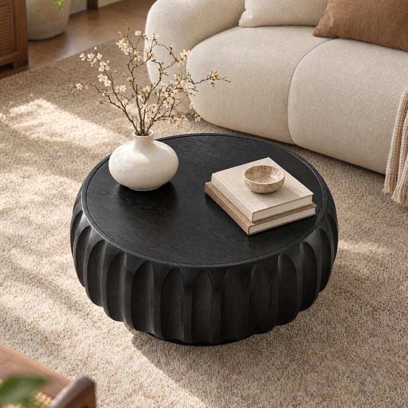 Table basse ronde cannelée Khadim 31,5 po, table à tambour en bois noir, Noir