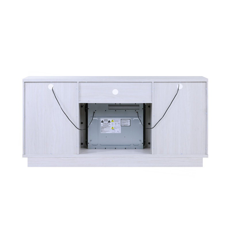 Meuble télé avec foyer 70 po avec éclairage Ambrose, lumière DEL, armoires, tablettes, Blanc/noyer