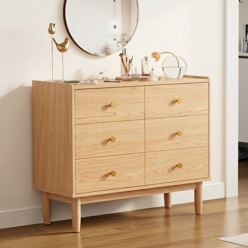 Six Drawer Solid Fir Wood Dresser with Large Storage Cabinet Mid Century Style Chest of Drawers for Bedroom Closet Living Room Kitchen Sideboard