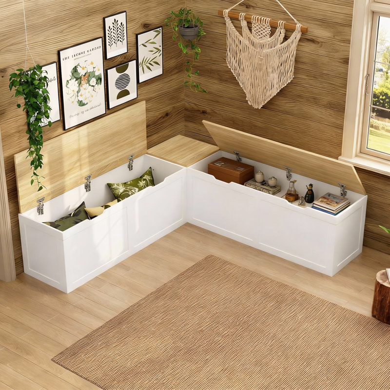 160cm L-Shaped Corner Storage Bench - Reversible Dining Nook & Shoe Bench with 4 Compartments - White & Natural