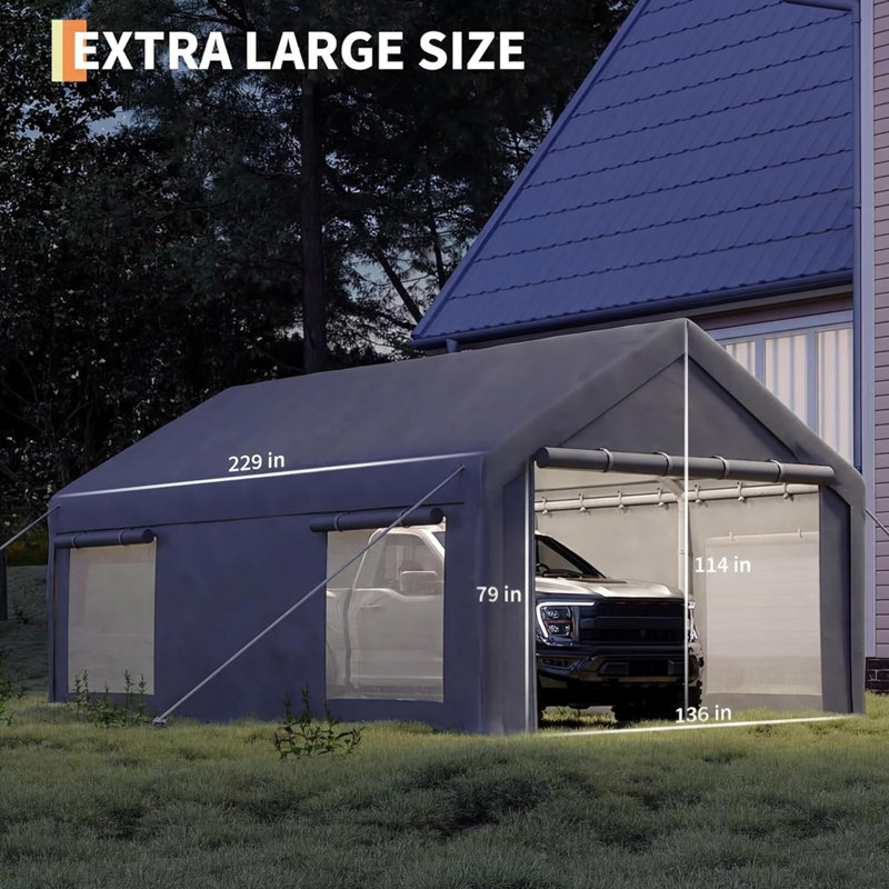 12 ft x 20 ft Portable Garage with 200g PE Tarp Canopy, Carport with 2 Roll-Up Doors & 4 Mesh Windows, Temporary Shelter for Boats, Pickups, Paint Booths, and Outdoor Events