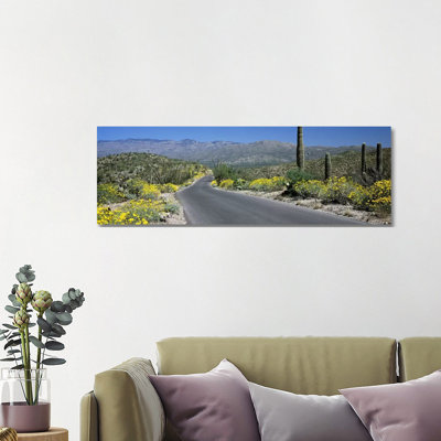 Road Passing Through A Landscape, Saguaro National Park, Tucson, Pima County, Arizona, USA - Wrapped Canvas Panoramic Print