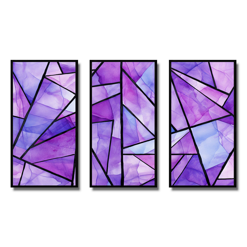 Mauve et bleu - art mural géométrique, H 28 po x l 36 po x P 1 po, Cadre flottant noir