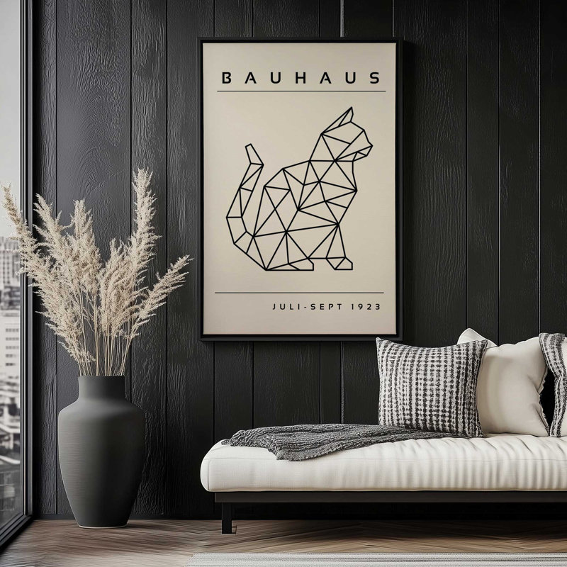 Chat géométrique Bauhaus 1923 roulé, Cadre flottant noir satiné, H 18,75 po x l 12,75 po x P 1,75 po