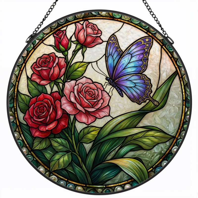 Panneau de vitrail 12 "H Roses Butterfly, H 12 po x l 12 po