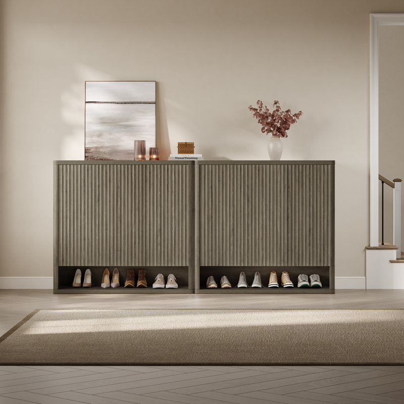 Cesiro 3 - Door Fluted Shoe Cabinet With Adjustable Shelves And Open - Bottom Access, Gray Alder